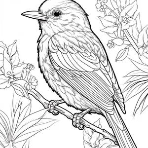 May include: A black and white line art illustration of a bird perched on a thin branch. The bird has detailed feathers and a pointed beak. It is surrounded by floral elements, including leaves and blossoms, creating a nature-themed coloring page.