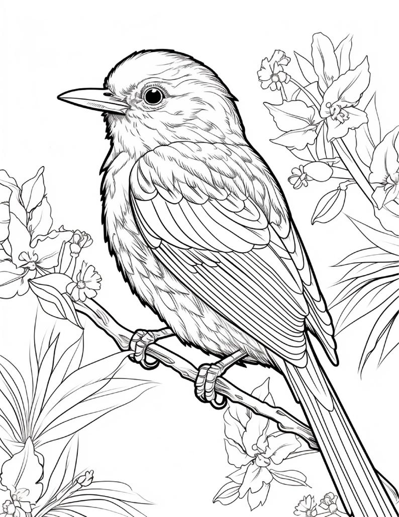 May include: A black and white line art illustration of a bird perched on a thin branch. The bird has detailed feathers and a pointed beak. It is surrounded by floral elements, including leaves and blossoms, creating a nature-themed coloring page.