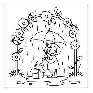 K&ouml;nnte beinhalten: Eine schwarz-wei&szlig;e Malvorlage mit einem Kind, das einen Regenschirm &uuml;ber eine Katze h&auml;lt, die in einem Pappkarton sitzt. Die Szene spielt unter einem Blumenbogen w&auml;hrend eines Regenschauers mit Pf&uuml;tzen auf dem Boden.