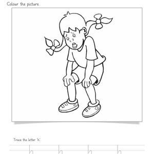 Op de afbeelding: Een zwart-wit werkblad met de titel Topic: Letter 'h' Worksheet. Het bevat een lijntekening van een persoon met staartjes die voorovergebogen staat, gelabeld met Colour the picture, en een sectie Trace the letter 'h' met vier gestippelde letters.