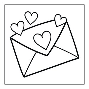 May include: A black and white line art illustration of a sealed envelope featuring a prominent heart shape on the flap and two additional heart shapes floating above the envelope. The design uses bold, clean outlines against a plain white background.