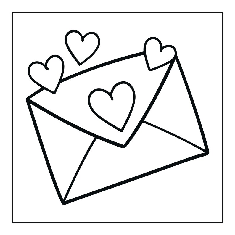 May include: A black and white line art illustration of a sealed envelope featuring a prominent heart shape on the flap and two additional heart shapes floating above the envelope. The design uses bold, clean outlines against a plain white background.