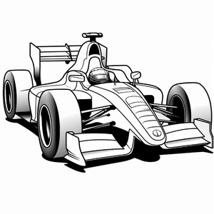 A black and white coloring page featuring a Formula-style race car with a helmeted driver.