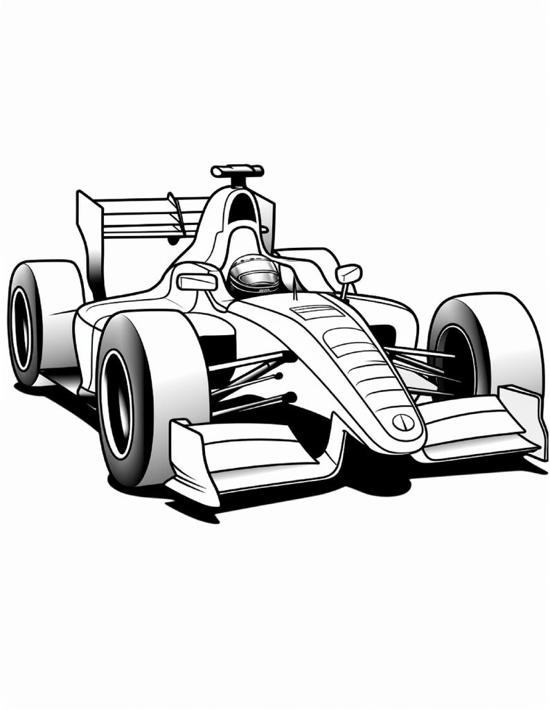 A black and white coloring page featuring a Formula-style race car with a helmeted driver.