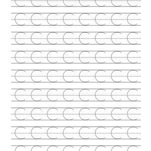 Pode incluir: Uma folha de exerc&iacute;cios educativa branca com nove linhas horizontais de linhas pretas tracejadas. Cada linha cont&eacute;m oito inst&acirc;ncias da letra mai&uacute;scula C, concebidas como um exerc&iacute;cio de tra&ccedil;ado para a pr&aacute;tica da escrita.