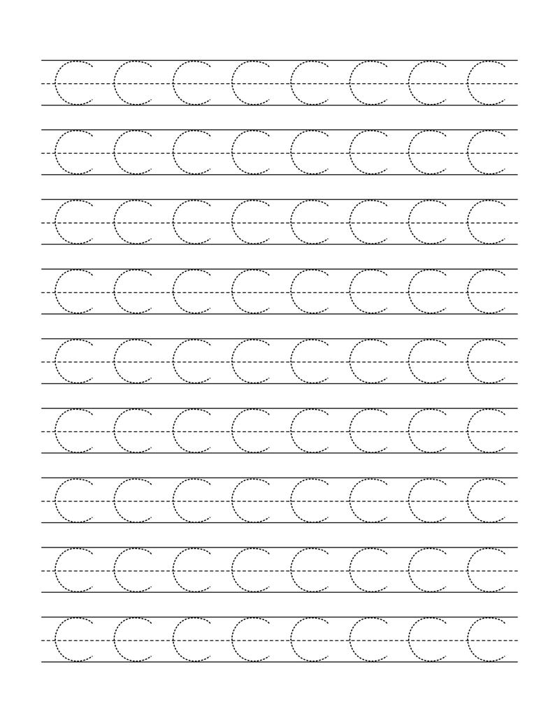 Pode incluir: Uma folha de exerc&iacute;cios educativa branca com nove linhas horizontais de linhas pretas tracejadas. Cada linha cont&eacute;m oito inst&acirc;ncias da letra mai&uacute;scula C, concebidas como um exerc&iacute;cio de tra&ccedil;ado para a pr&aacute;tica da escrita.
