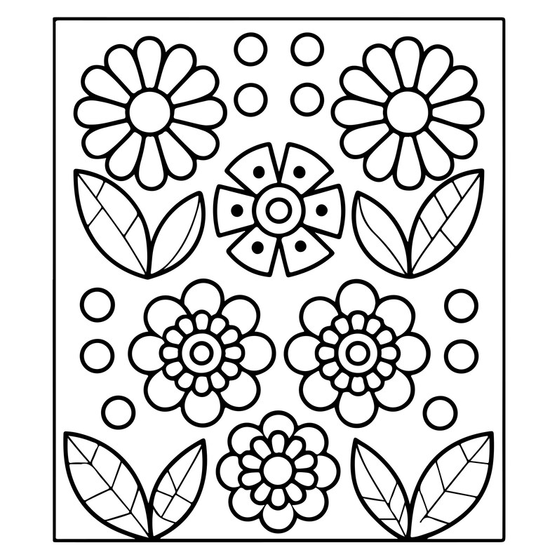 May include: A black and white colouring page featuring five distinct floral designs arranged in a grid pattern. The illustration includes two large daisy-like flowers, three smaller stylised blossoms, several pointed leaves, and small circles.
