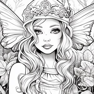 May include: A black and white line art illustration of a fairy with long wavy hair wearing an ornate crown. The figure has large detailed wings extending from the back and is surrounded by foliage and trees in a forest setting.