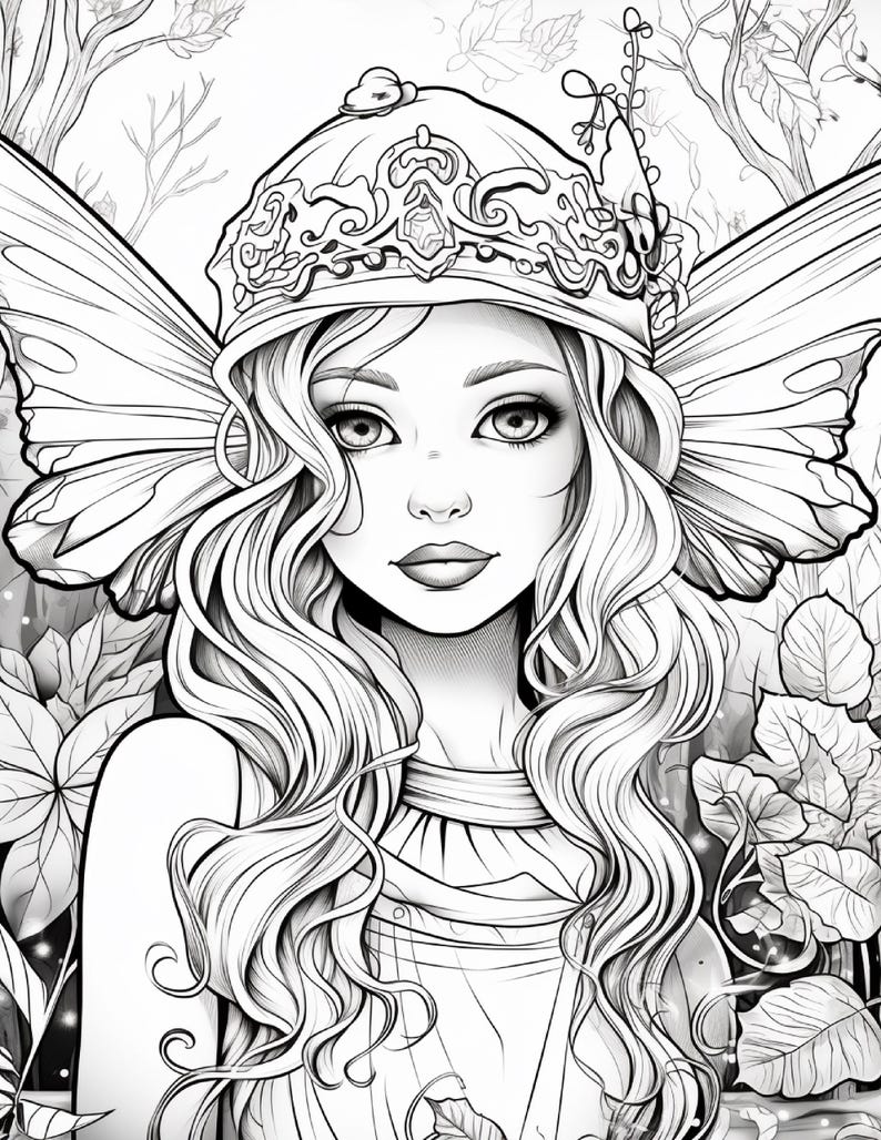 May include: A black and white line art illustration of a fairy with long wavy hair wearing an ornate crown. The figure has large detailed wings extending from the back and is surrounded by foliage and trees in a forest setting.