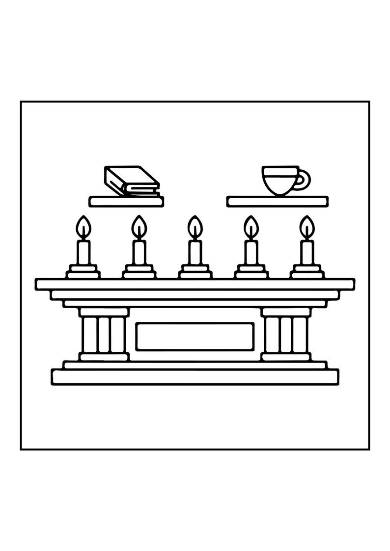 Peut inclure: Un dessin au trait noir et blanc repr&eacute;sentant une chemin&eacute;e avec cinq bougies allum&eacute;es align&eacute;es. Au-dessus, deux petites &eacute;tag&egrave;res flottantes supportent une pile de livres &agrave; gauche et une tasse &agrave; th&eacute; &agrave; droite. La chemin&eacute;e a une base rectangulaire.