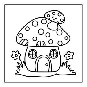 May include: A black and white line art illustration of a mushroom house with a large spotted cap, a smaller mushroom on top, two arched windows, a central arched door, and two simple flowers growing from the grass at the base of the structure.