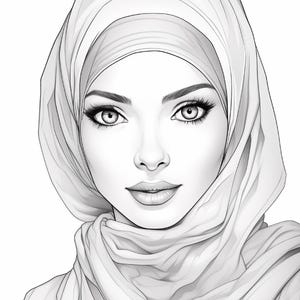 Pu&ograve; includere: Un'illustrazione in bianco e nero a tratto di una persona che indossa un hijab. Il disegno presenta tratti del viso dettagliati, tra cui sopracciglia arcuate, ciglia lunghe e labbra definite, con ombreggiature morbide sulle pieghe del tessuto.