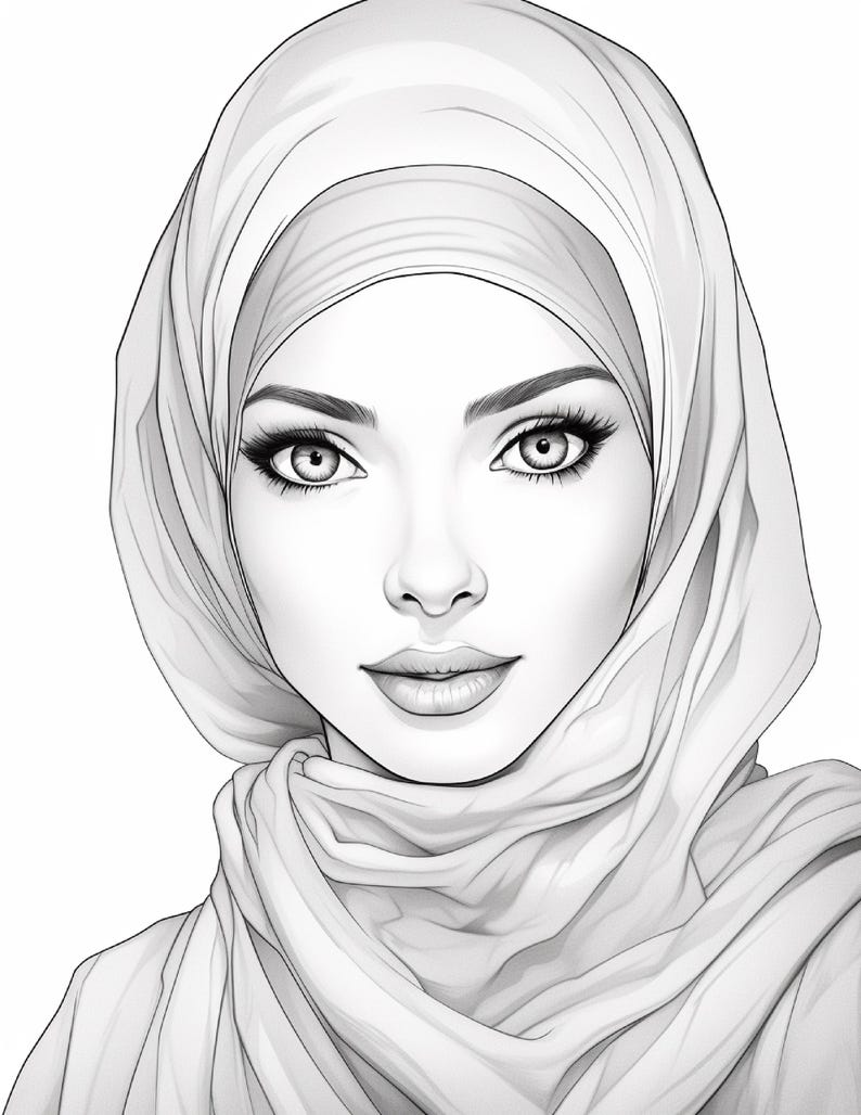 Pu&ograve; includere: Un'illustrazione in bianco e nero a tratto di una persona che indossa un hijab. Il disegno presenta tratti del viso dettagliati, tra cui sopracciglia arcuate, ciglia lunghe e labbra definite, con ombreggiature morbide sulle pieghe del tessuto.