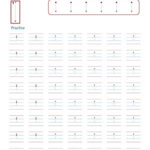 以下が含まれることがあります： 小文字の「i」を書く練習をするための学習用ワークシート。ページには「i」を読み、なぞるための指示が記載されており、書き順を示す大きな例と、繰り返し練習するための点線が引かれた複数の行が配置されています。