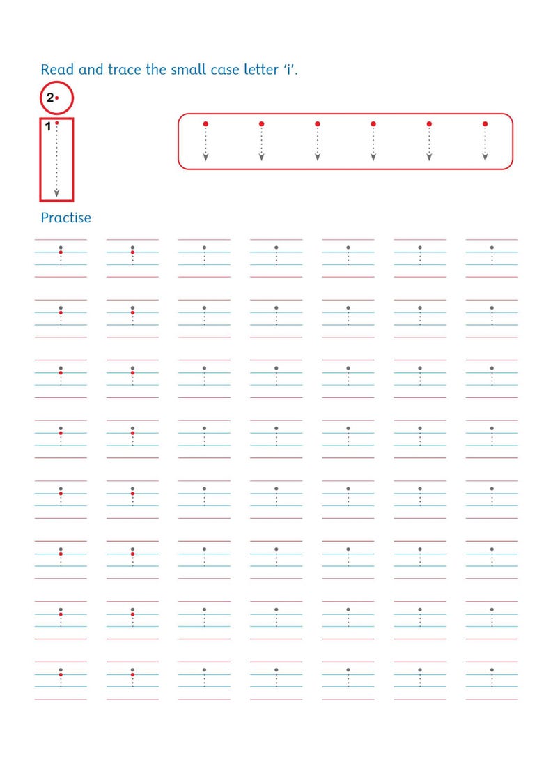 以下が含まれることがあります： 小文字の「i」を書く練習をするための学習用ワークシート。ページには「i」を読み、なぞるための指示が記載されており、書き順を示す大きな例と、繰り返し練習するための点線が引かれた複数の行が配置されています。