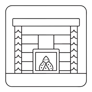 K&ouml;nnte beinhalten: Ein schwarz-wei&szlig;es Strichgrafik-Symbol eines Kamins. Das Design zeigt einen rechteckigen Kaminsims, eine ziegelgemusterte Umrandung und einen zentralen Feuerraum mit einer stilisierten Flammengrafik mit drei Spitzen und kleinen Kreisen.