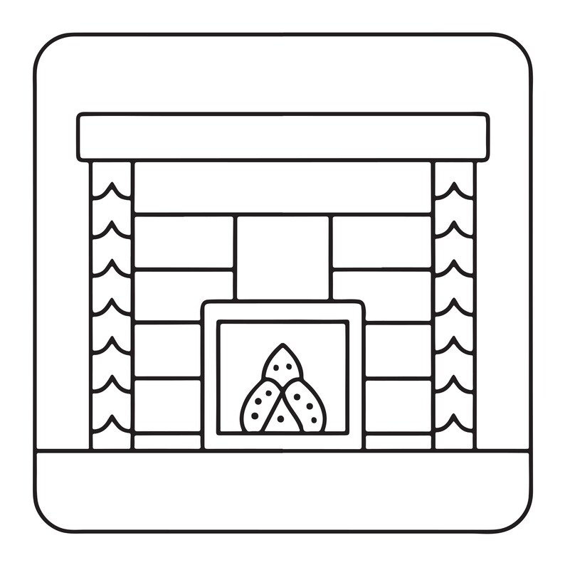 K&ouml;nnte beinhalten: Ein schwarz-wei&szlig;es Strichgrafik-Symbol eines Kamins. Das Design zeigt einen rechteckigen Kaminsims, eine ziegelgemusterte Umrandung und einen zentralen Feuerraum mit einer stilisierten Flammengrafik mit drei Spitzen und kleinen Kreisen.