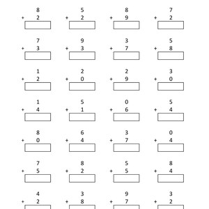 May include: A black and white maths worksheet titled Math - Addition Single Digit, featuring seven rows of four vertical addition problems. Each problem consists of two single-digit numbers stacked with a plus sign and an empty rectangular box below.
