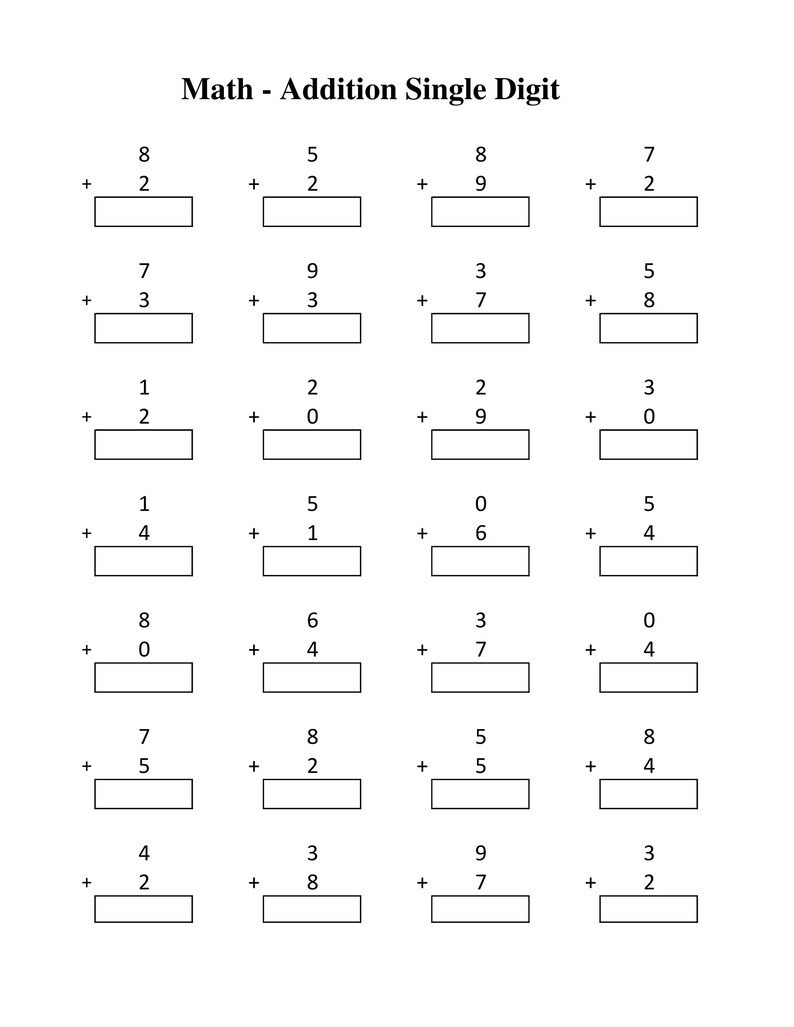 May include: A black and white maths worksheet titled Math - Addition Single Digit, featuring seven rows of four vertical addition problems. Each problem consists of two single-digit numbers stacked with a plus sign and an empty rectangular box below.