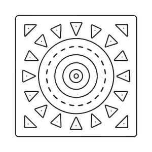 May include: A square graphic design featuring a central series of concentric circles surrounded by a dashed circular line. The outer border area contains sixteen evenly spaced triangles, each with a small dot centered inside, arranged in a radial pattern.