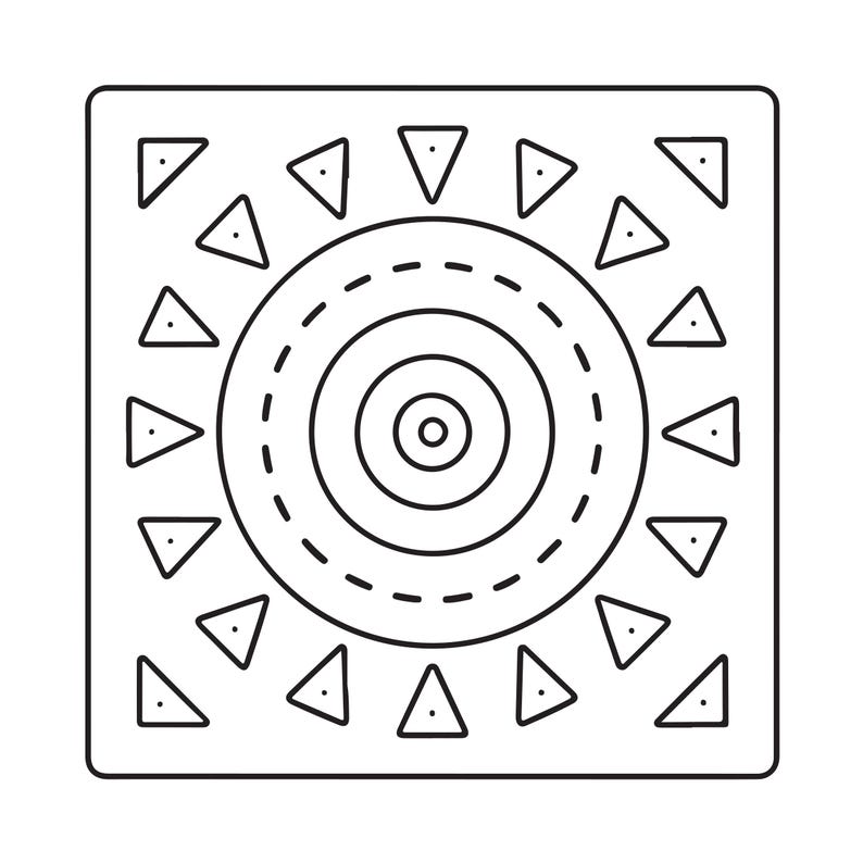 May include: A square graphic design featuring a central series of concentric circles surrounded by a dashed circular line. The outer border area contains sixteen evenly spaced triangles, each with a small dot centered inside, arranged in a radial pattern.