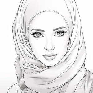 Pu&ograve; includere: Un'illustrazione in bianco e nero a tratto di una persona che indossa un hijab. Il disegno presenta tratti del viso dettagliati, tra cui sopracciglia definite, ciglia lunghe e un'espressione dolce, con il tessuto drappeggiato attorno al capo.