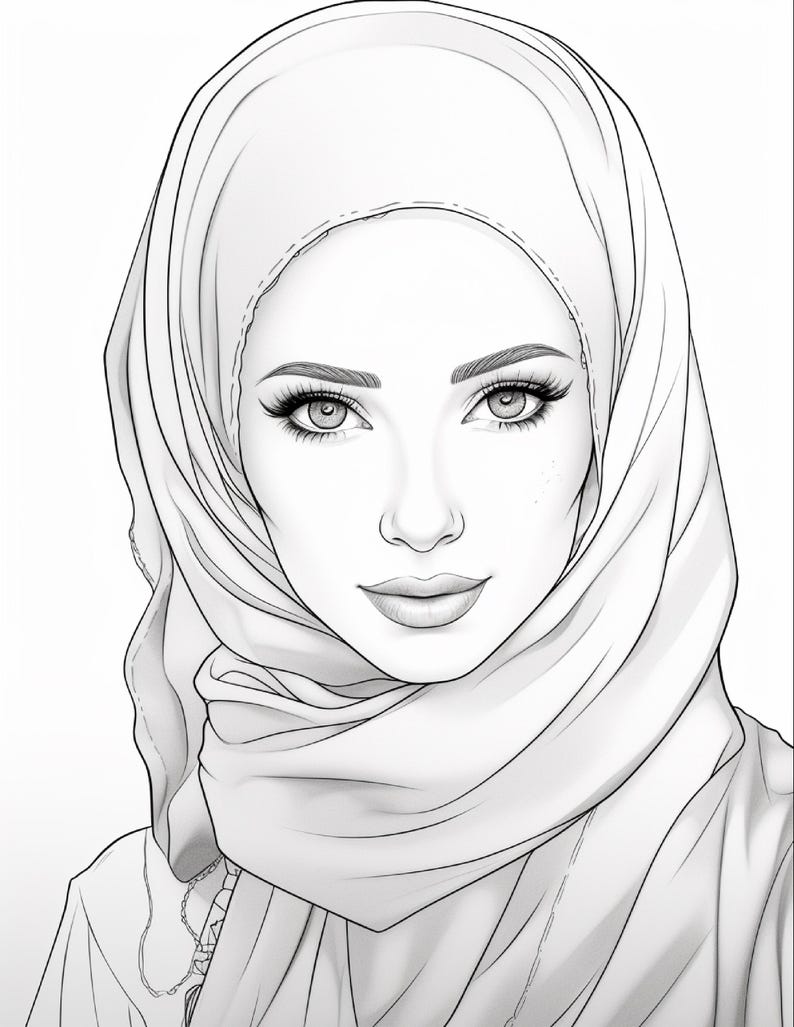 Pu&ograve; includere: Un'illustrazione in bianco e nero a tratto di una persona che indossa un hijab. Il disegno presenta tratti del viso dettagliati, tra cui sopracciglia definite, ciglia lunghe e un'espressione dolce, con il tessuto drappeggiato attorno al capo.