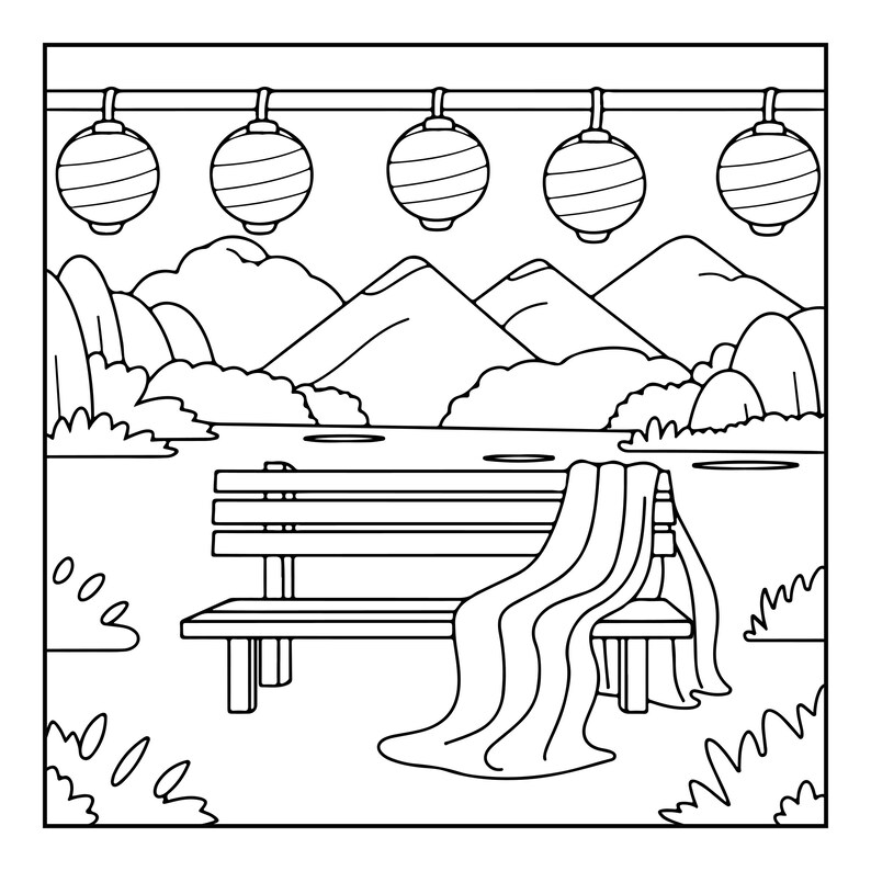 May include: A black and white line art illustration featuring a wooden park bench with a draped blanket. Above the bench, five round lanterns hang in a row. The background displays a landscape with rolling hills, mountains, and bushes.