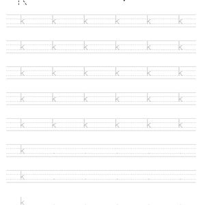 May include: A black and white educational worksheet for practicing the letter k. The page features the word key, a line drawing of a key, and multiple rows of dashed letter k characters for tracing, set against a clean white background.