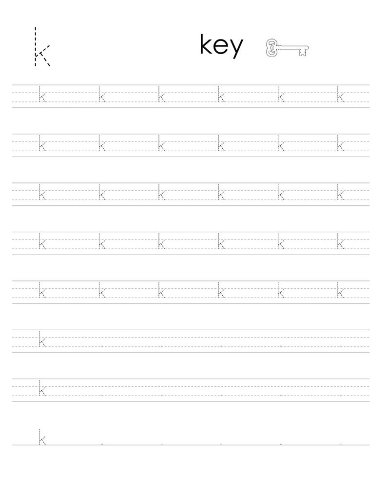 May include: A black and white educational worksheet for practicing the letter k. The page features the word key, a line drawing of a key, and multiple rows of dashed letter k characters for tracing, set against a clean white background.
