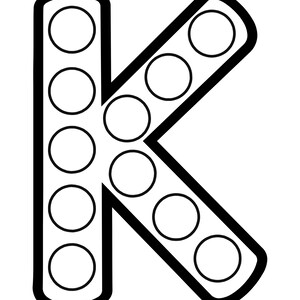 Black and white outline of the uppercase letter K filled with circular dot marker spaces.