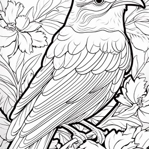 May include: A black and white line art illustration of a bird perched among detailed flowers and leaves. The bird features prominent feathers and a curved beak, while the surrounding botanical elements include layered petals and foliage.