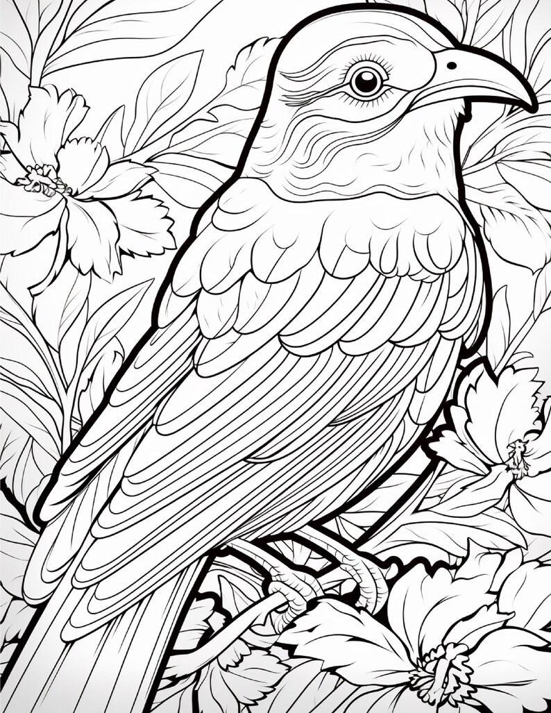 May include: A black and white line art illustration of a bird perched among detailed flowers and leaves. The bird features prominent feathers and a curved beak, while the surrounding botanical elements include layered petals and foliage.