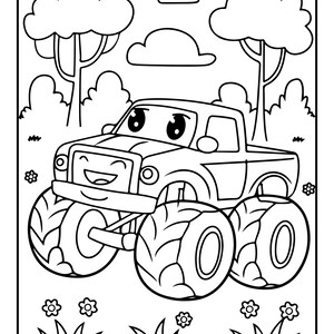 以下が含まれることがあります： 笑顔の表情と大きな目を持つ漫画風のモンスタートラックを描いた、白黒の塗り絵用イラストです。トラックは花や木、雲が描かれた草地の中に配置されており、太くはっきりとした線で構成されています。
