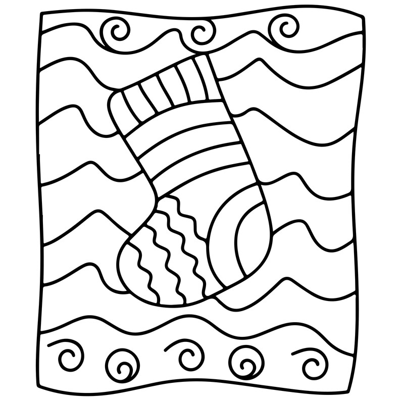 May include: A black and white line art illustration featuring a single holiday stocking centred against a background of horizontal wavy lines and small spiral accents. The stocking displays a striped pattern on the cuff and wavy lines on the foot.