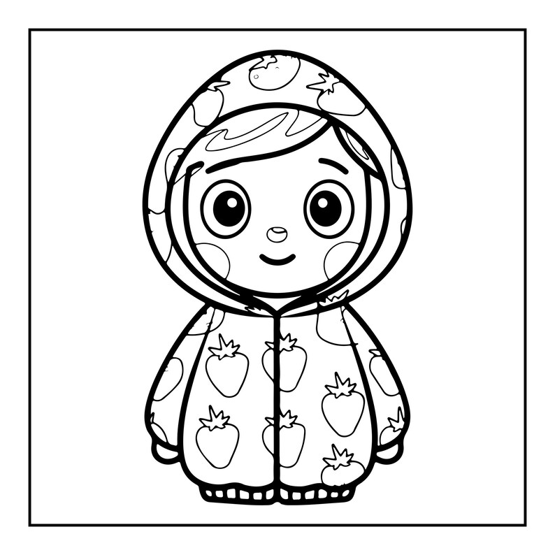 May include: A black and white line art colouring page featuring a cartoon character wearing a hooded jacket decorated with a repeating strawberry pattern. The character has large round eyes, a small nose, and a simple smile, presented in a square frame.