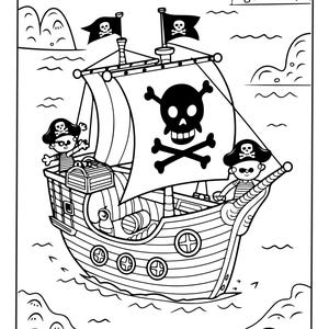 Puede incluir: Una ilustraci&oacute;n de arte lineal en blanco y negro de un barco pirata navegando en el oc&eacute;ano. El barco cuenta con una vela grande con una calavera, dos banderas peque&ntilde;as con emblemas de calavera, un cofre del tesoro y dos piratas en cubierta.