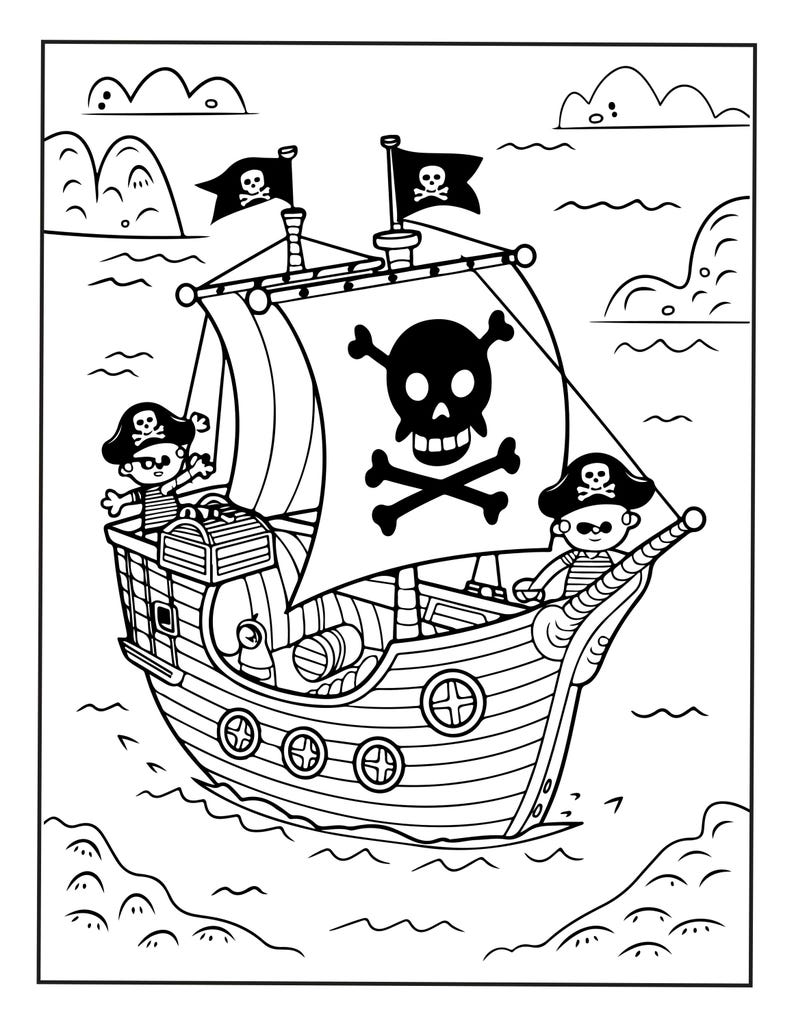 Puede incluir: Una ilustraci&oacute;n de arte lineal en blanco y negro de un barco pirata navegando en el oc&eacute;ano. El barco cuenta con una vela grande con una calavera, dos banderas peque&ntilde;as con emblemas de calavera, un cofre del tesoro y dos piratas en cubierta.