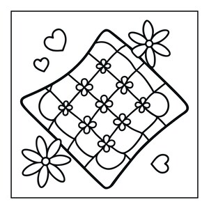 May include: A black and white line art illustration of a square cushion oriented diagonally. The cushion features a grid pattern with small flower icons at each intersection, surrounded by two larger flower drawings and three heart shapes.