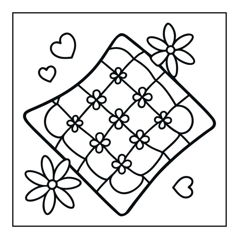 May include: A black and white line art illustration of a square cushion oriented diagonally. The cushion features a grid pattern with small flower icons at each intersection, surrounded by two larger flower drawings and three heart shapes.