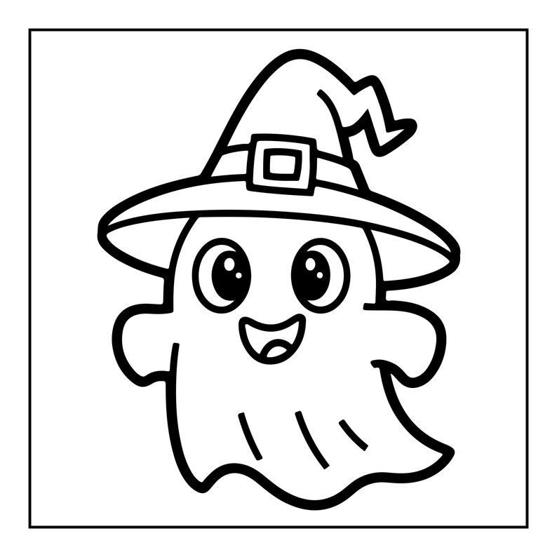 以下が含まれることがあります： とんがり帽子をかぶった漫画の幽霊の白黒線画イラスト。幽霊は大きな丸い目と、大きく笑った口をしている。帽子には中央に四角いバックルが付いた帯がデザインされている。