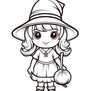May include: A black and white line art illustration of a chibi character wearing a wide-brimmed pointed witch hat and a collared dress. The character has large eyes, wavy hair, and is holding a small pumpkin by its stem in one hand.