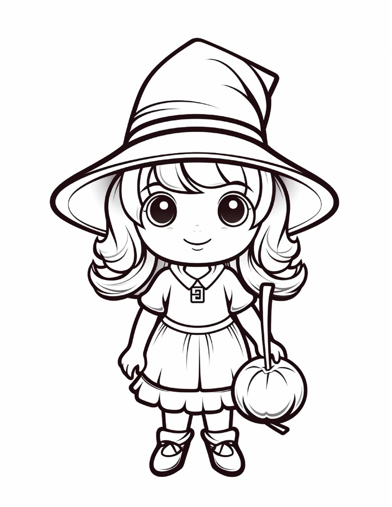 May include: A black and white line art illustration of a chibi character wearing a wide-brimmed pointed witch hat and a collared dress. The character has large eyes, wavy hair, and is holding a small pumpkin by its stem in one hand.