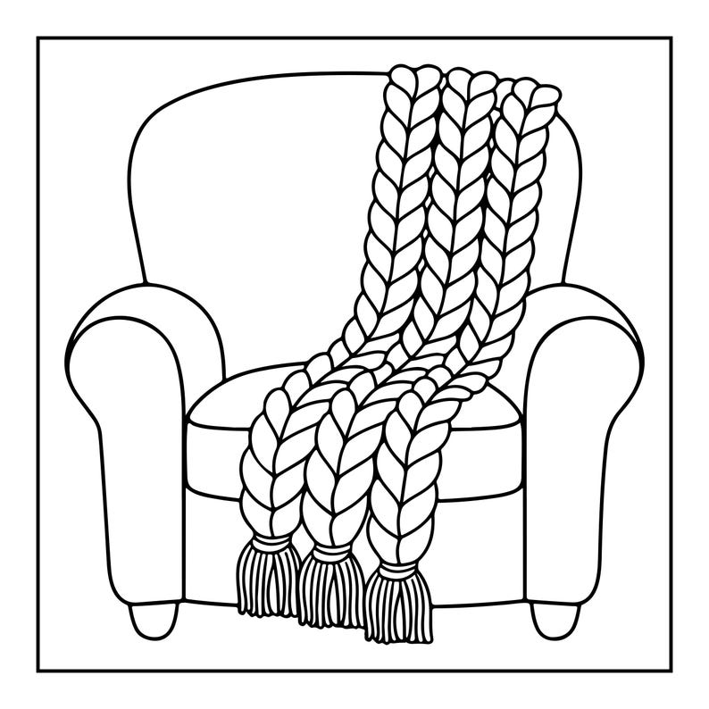 May include: A black and white line art illustration of an armchair draped with a thick, chunky knit throw blanket. The blanket features three prominent vertical braided patterns that extend from the seat down to the floor, ending in tassels.