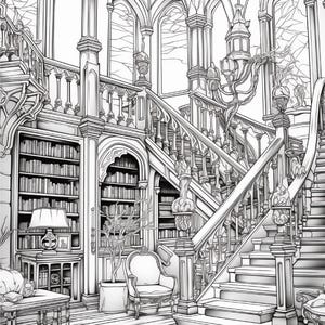 May include: A black and white line art illustration of a grand interior space featuring a large staircase with ornate railings, tall arched windows, built-in bookshelves filled with books, a table lamp, a chair, and a patterned rug.