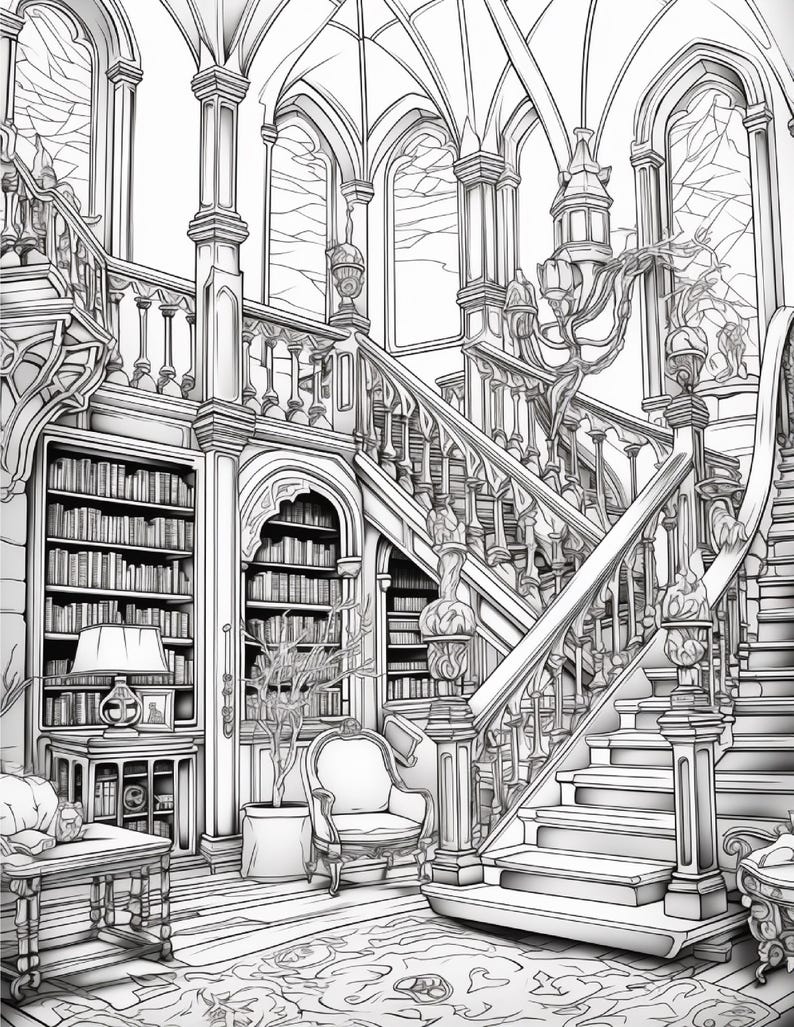 May include: A black and white line art illustration of a grand interior space featuring a large staircase with ornate railings, tall arched windows, built-in bookshelves filled with books, a table lamp, a chair, and a patterned rug.