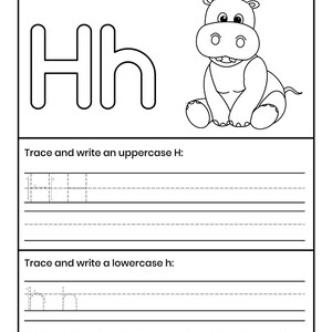Pu&ograve; includere: Una scheda didattica in bianco e nero con il testo Color the letter Hh and a Hippo, il contorno della lettera Hh maiuscola e minuscola, un ippopotamo in stile cartoon e sezioni per tracciare e scrivere la H maiuscola e la h minuscola.