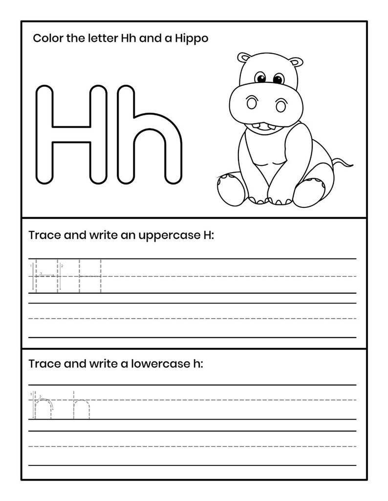 Pu&ograve; includere: Una scheda didattica in bianco e nero con il testo Color the letter Hh and a Hippo, il contorno della lettera Hh maiuscola e minuscola, un ippopotamo in stile cartoon e sezioni per tracciare e scrivere la H maiuscola e la h minuscola.