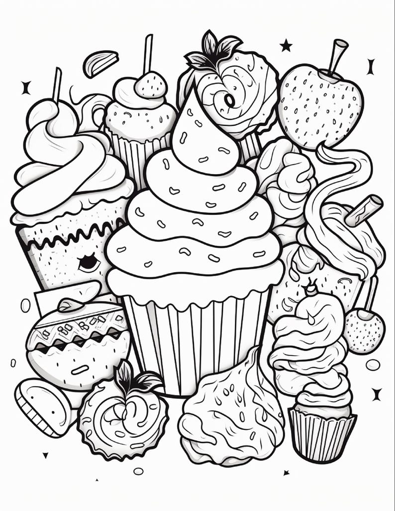 Malbuch mit süßen Leckereien | 99 Seiten mit Kawaii-Dessertmotiven (Digitaler Download) Bild 6