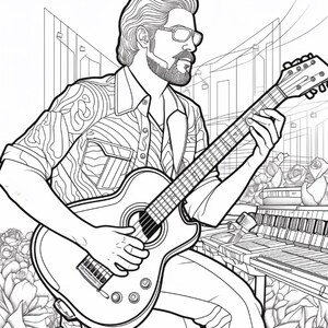 May include: A black and white line art illustration of a bearded person with glasses wearing a patterned button-down shirt, playing an acoustic guitar. The scene includes a keyboard instrument and floral elements in the background.